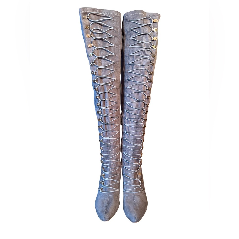 Thrill Journee Collection NWT Sz 7 Gray Faux Leather Over the Knee Lace-Up Boots - Picture 3 of 14